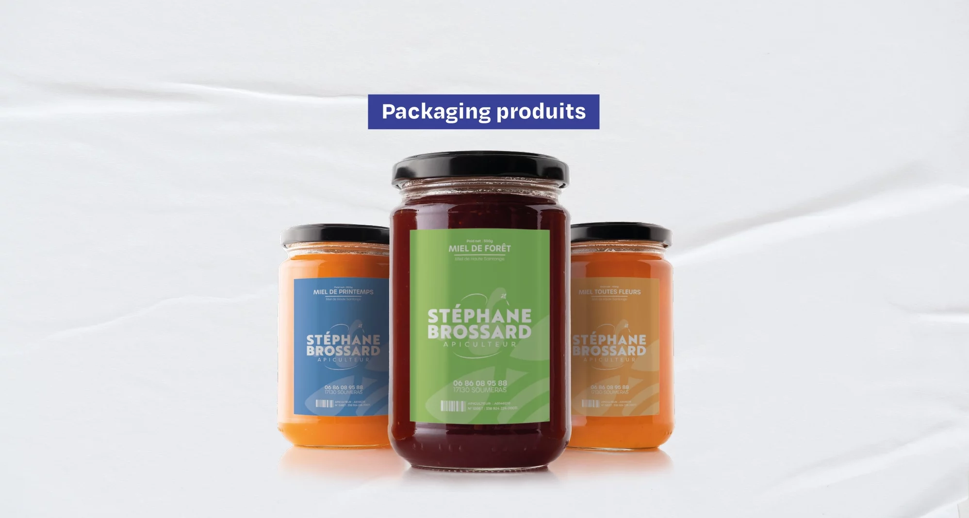 Planche présentation packaging de produits, pour des pots de miel